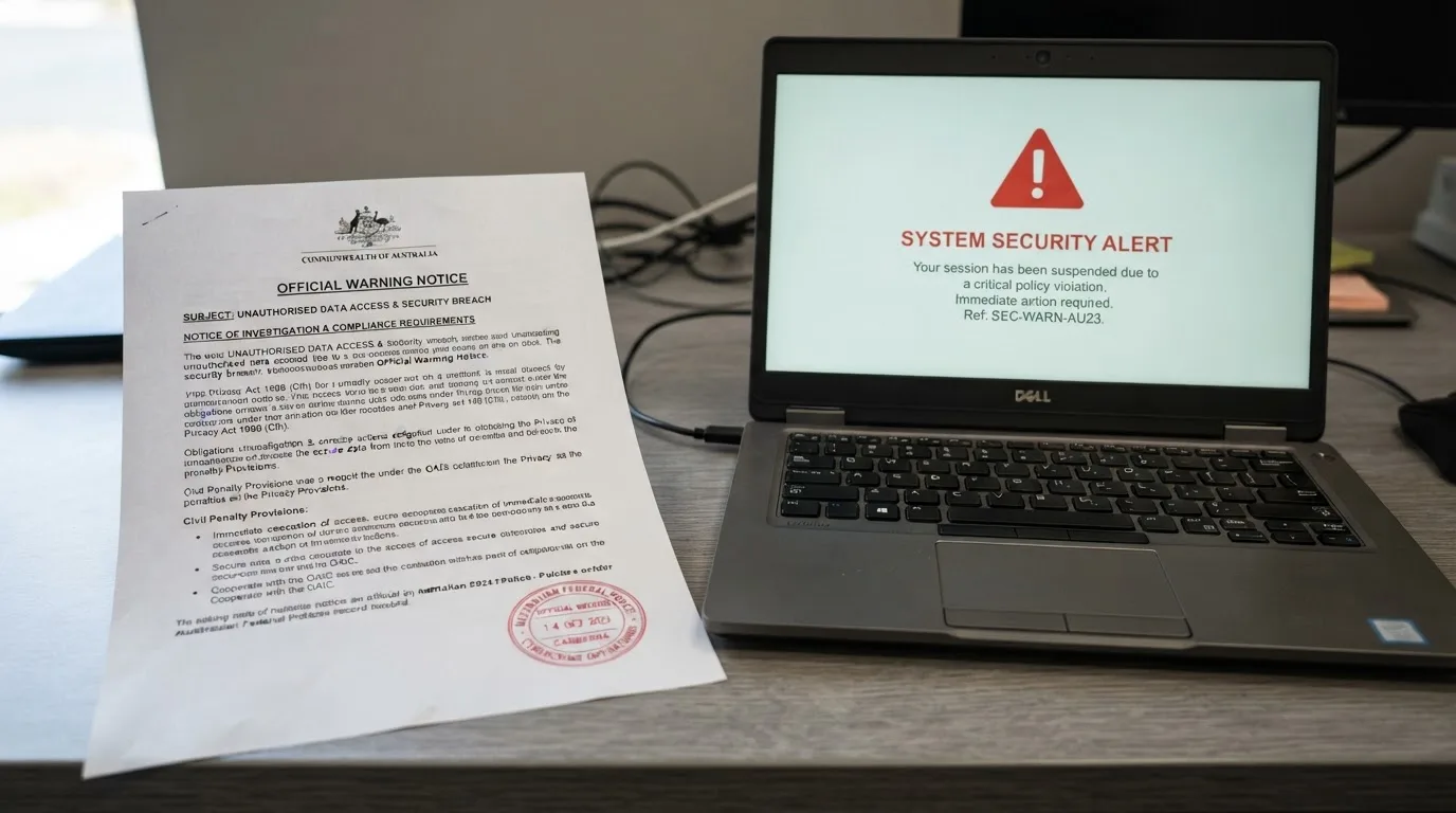 A printed government warning notice on a desk beside a laptop with a red alert icon on the screen.