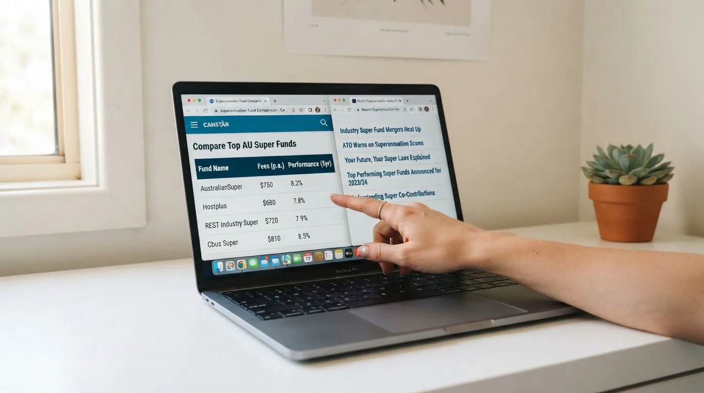 A laptop screen split between two browser tabs, one showing a comparison table and the other a search results page.