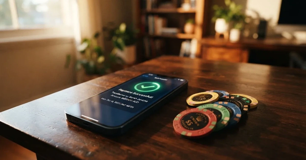 A phone displaying a bank transfer confirmation screen next to a stack of Australian dollar notes.