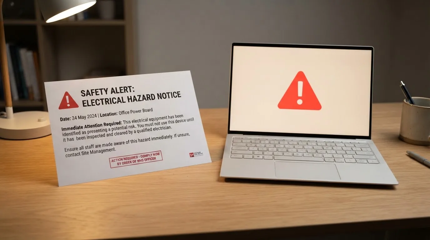 A printed government warning notice on a desk beside a laptop with a red alert icon on the screen.