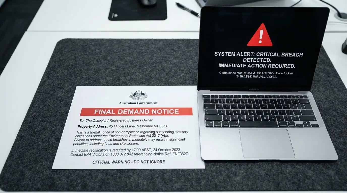 A printed government warning notice on a desk beside a laptop with a red alert icon on the screen.