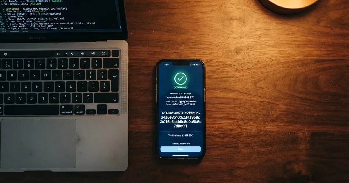 A phone displaying a blockchain transaction confirmation screen next to a laptop keyboard.