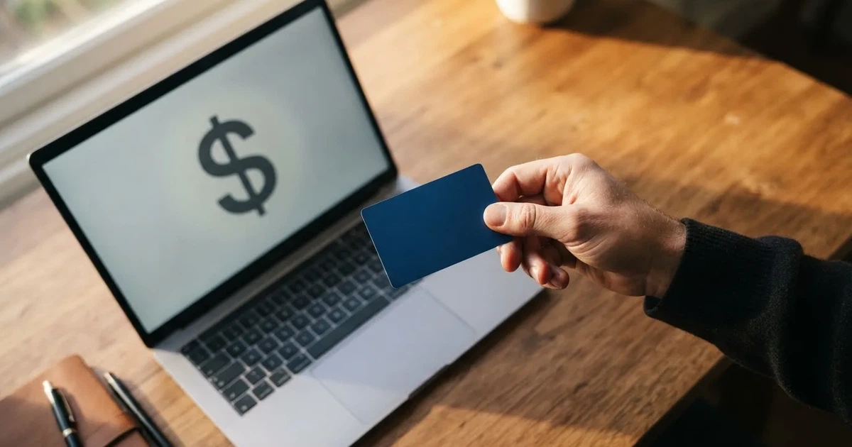 A hand holding a bank card next to a laptop showing an online payment form.