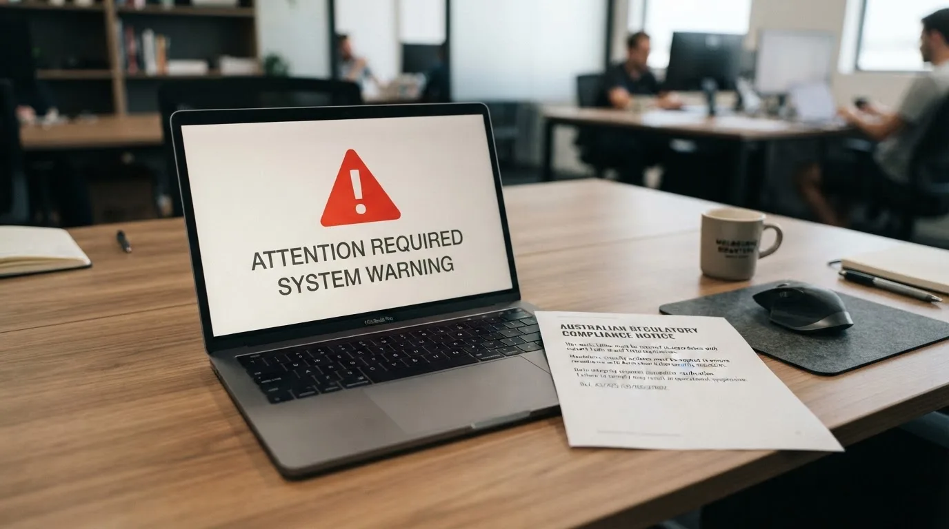 A printed government warning notice on a desk beside a laptop with a red alert icon on the screen.