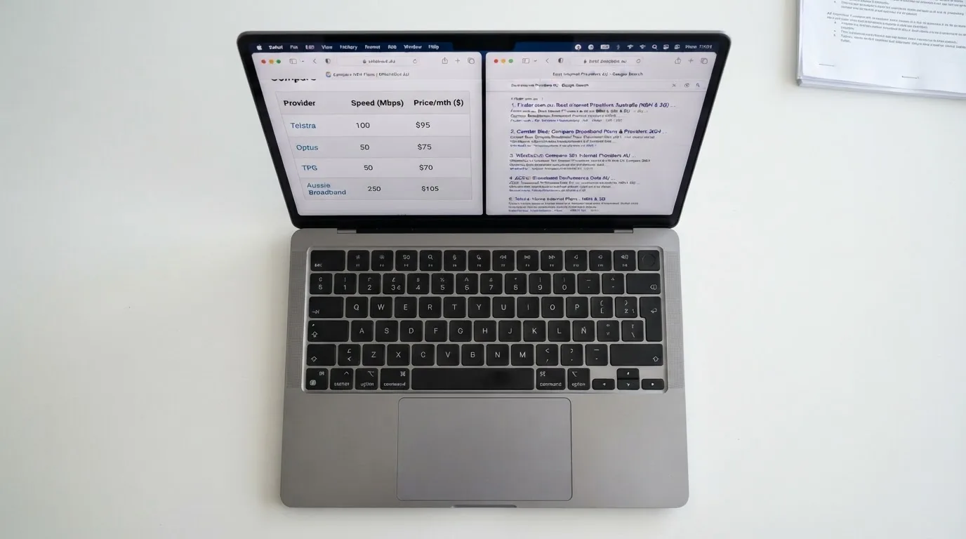 A laptop screen split between two browser tabs, one showing a comparison table and the other a search results page.