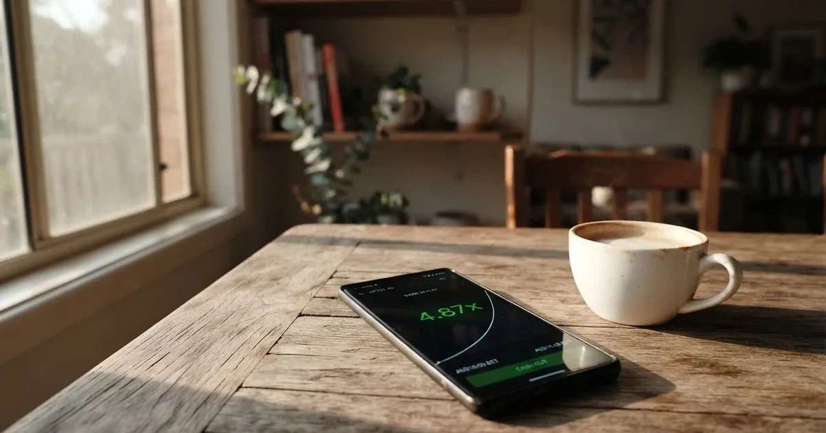 A digital multiplier counter climbing on a phone screen next to a coffee cup.
