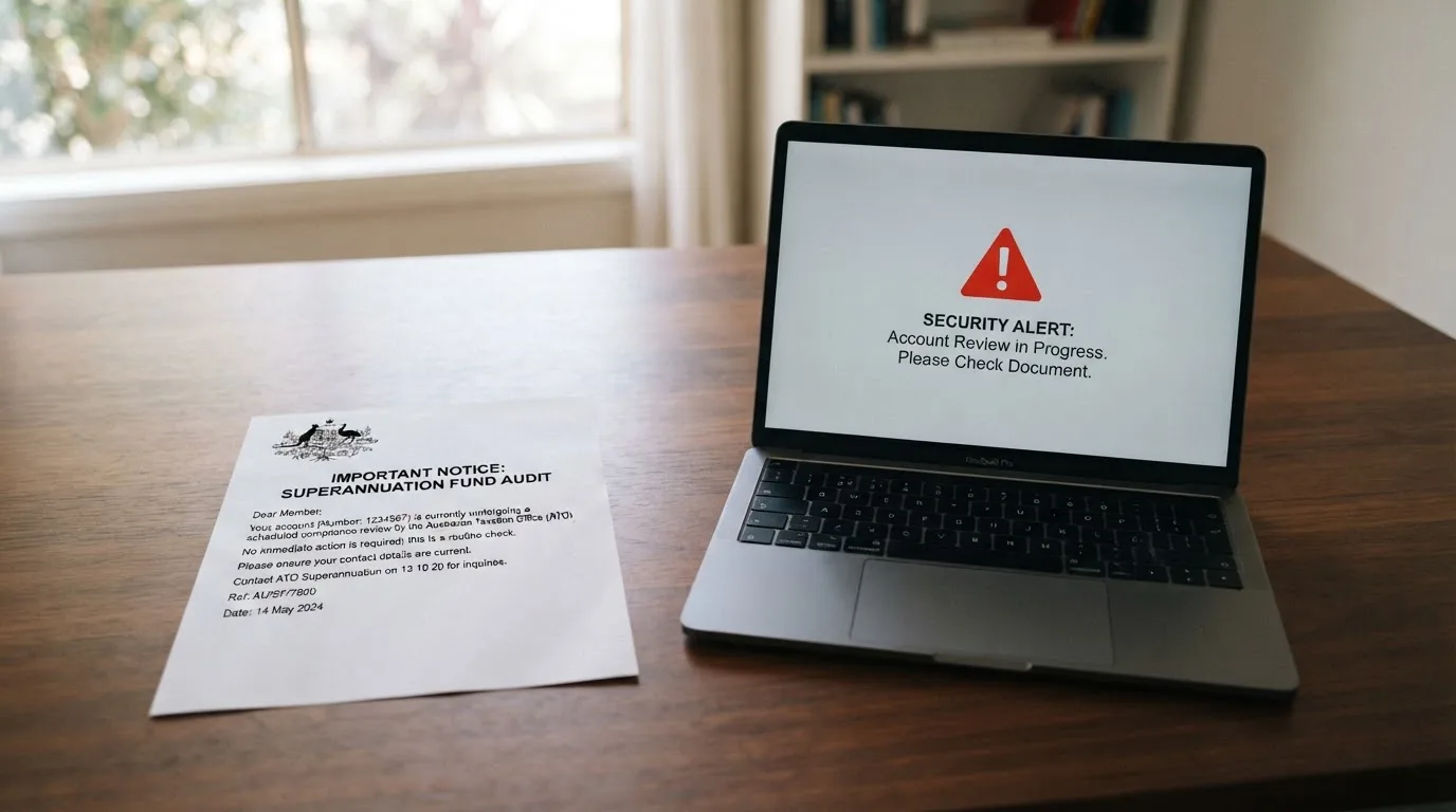 A printed government warning notice on a desk beside a laptop with a red alert icon on the screen.