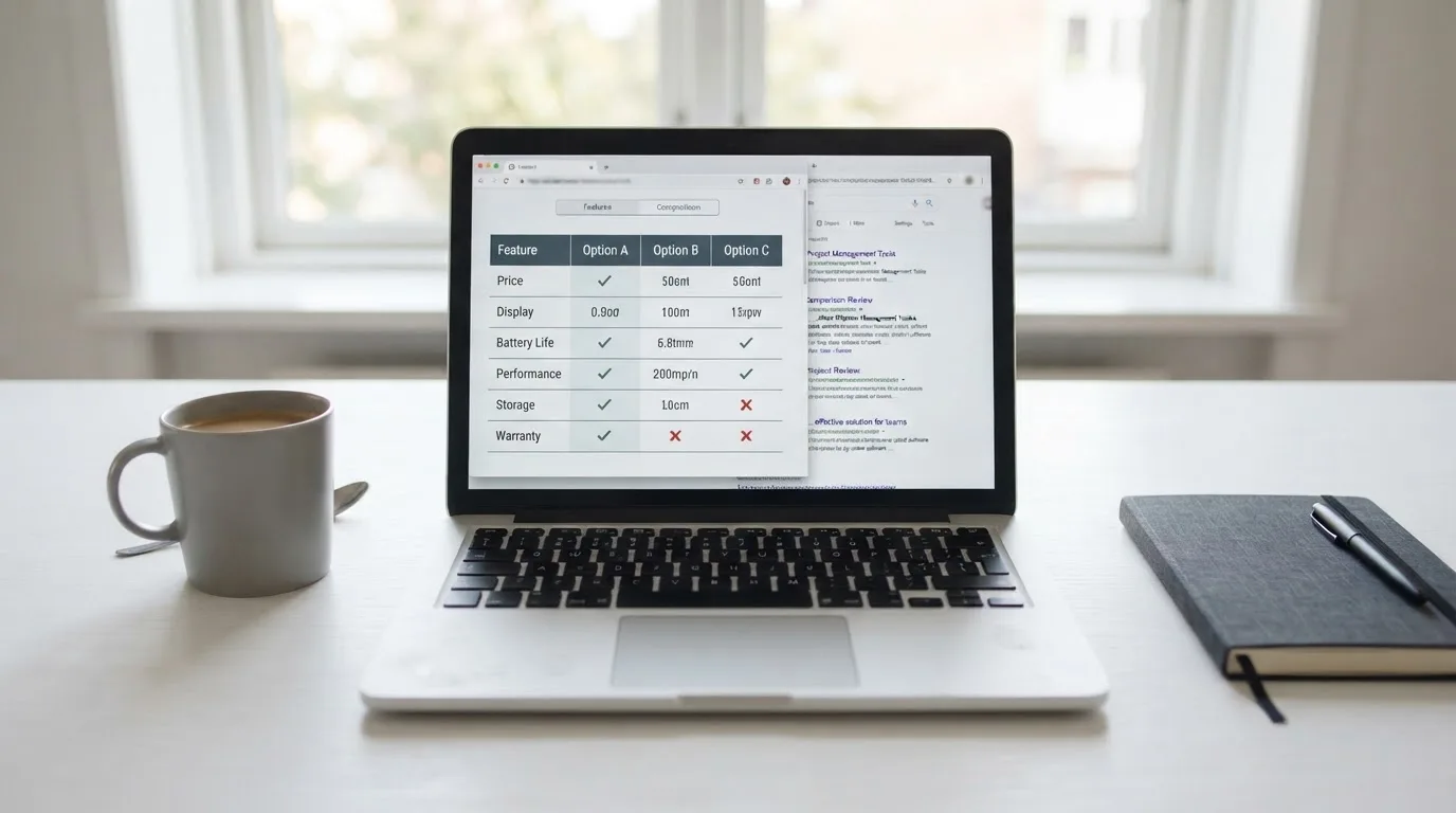 A laptop screen split between two browser tabs, one showing a comparison table and the other a search results page.