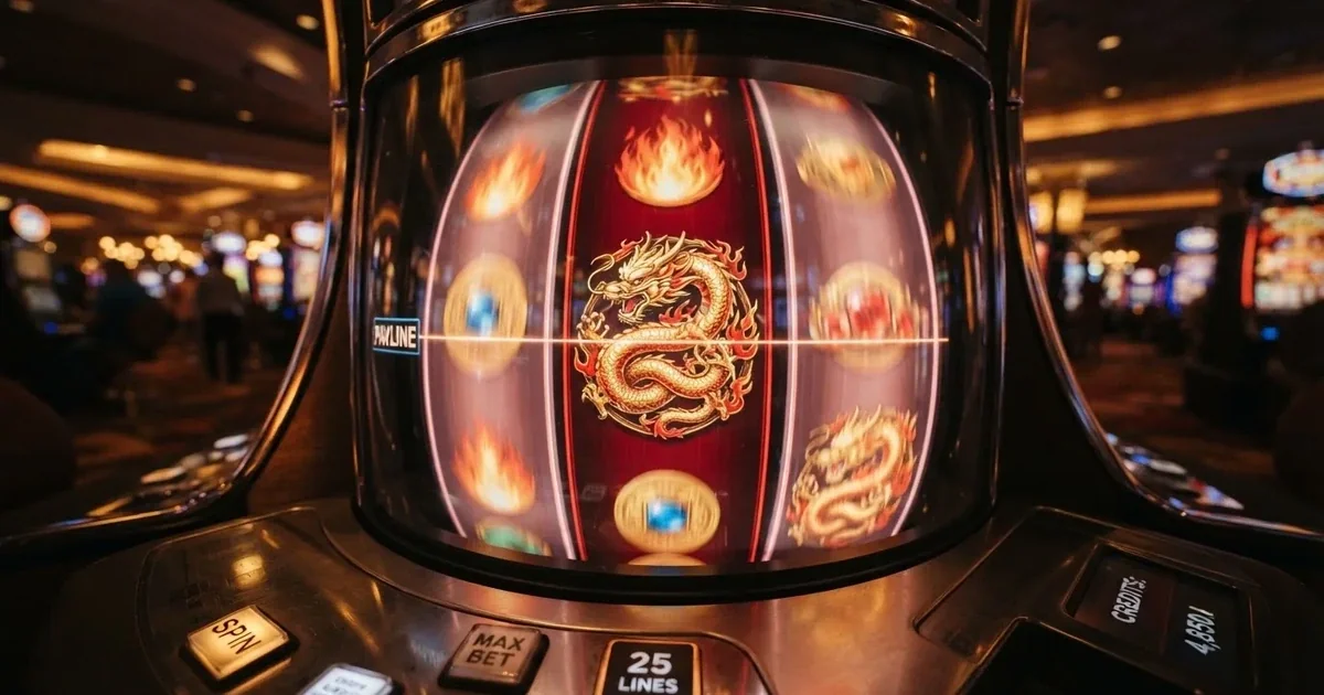 A close-up of a slot reel icon showing a stylised dragon motif on a cabinet screen.