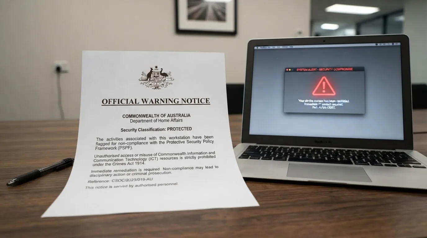 A printed government warning notice on a desk beside a laptop with a red alert icon on the screen.