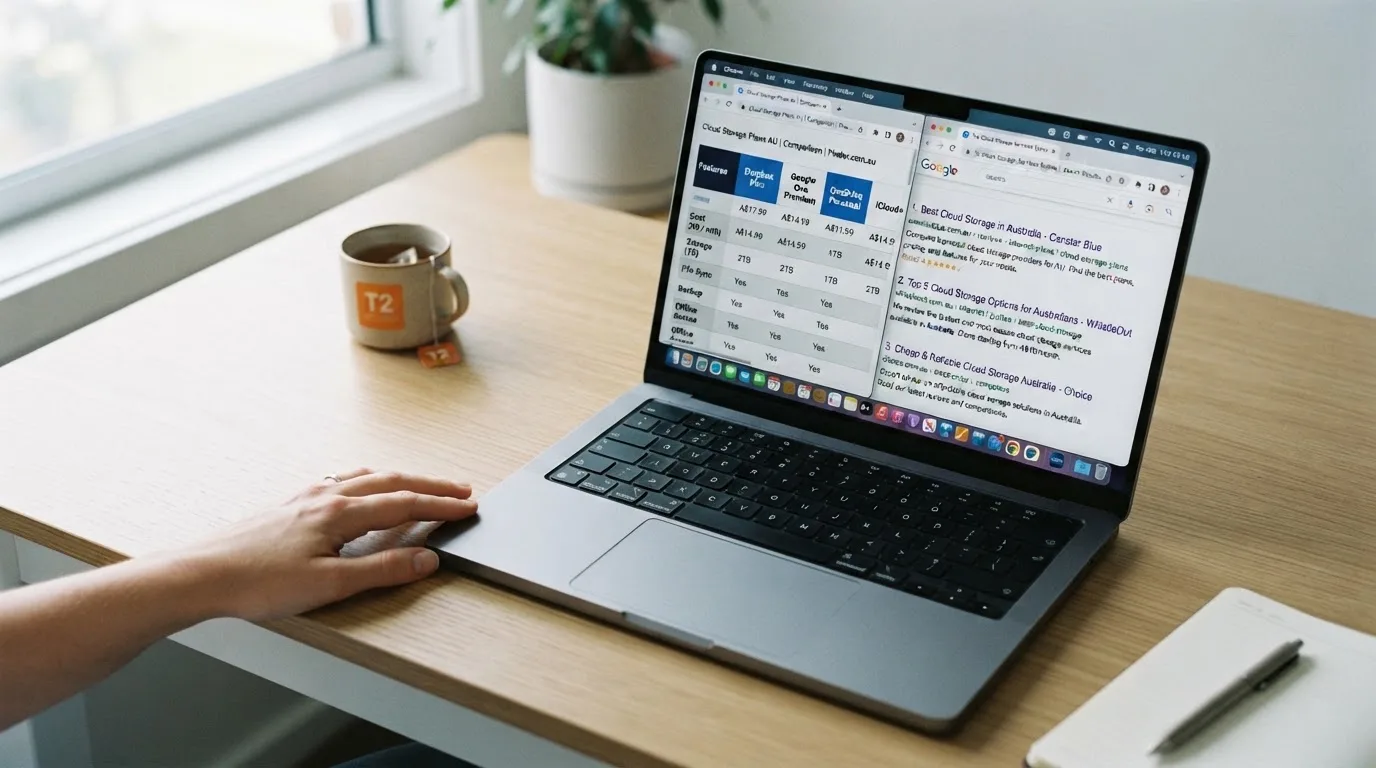 A laptop screen split between two browser tabs, one showing a comparison table and the other a search results page.