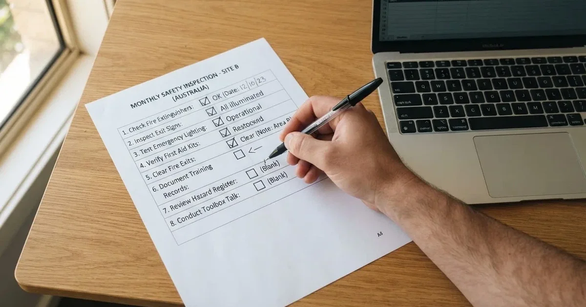 A hand ticking off boxes on a printed checklist next to a laptop.