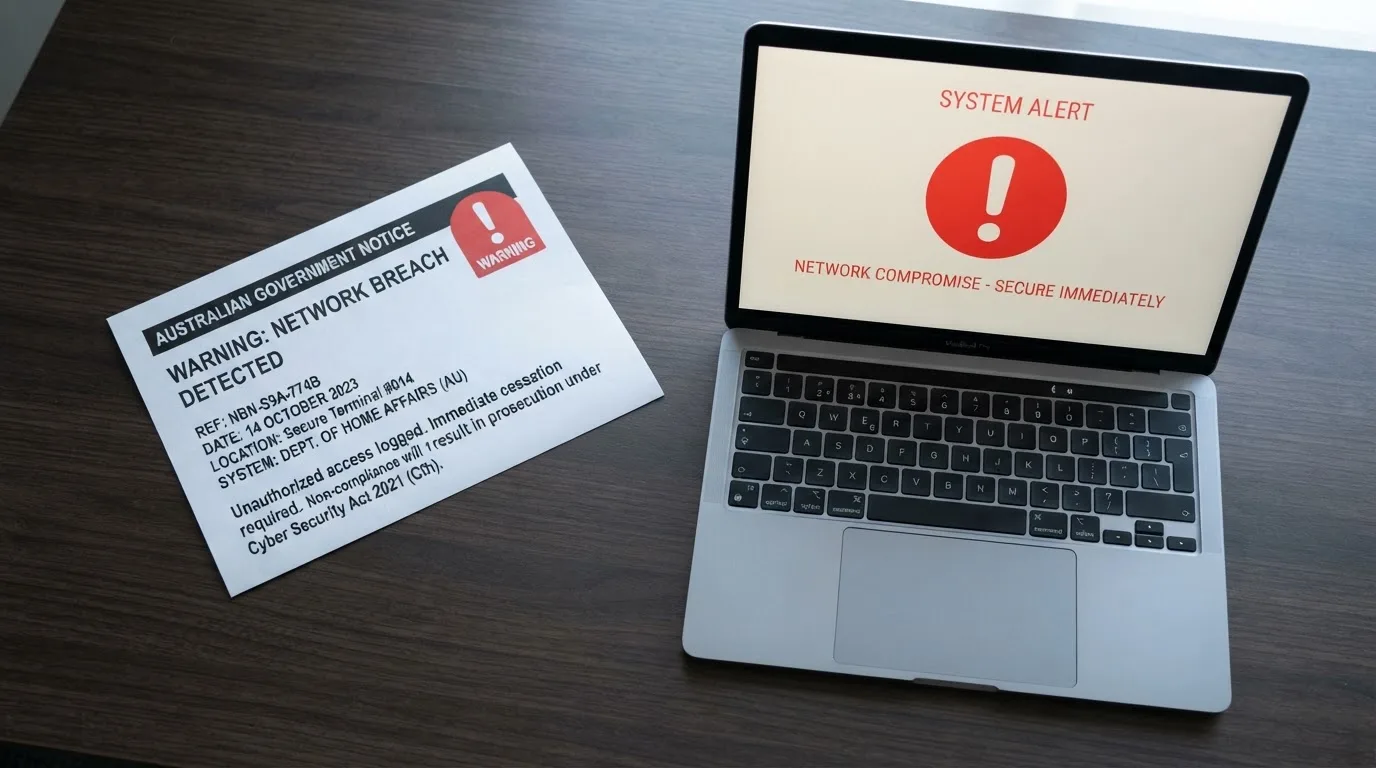 A printed government warning notice on a desk beside a laptop with a red alert icon on the screen.