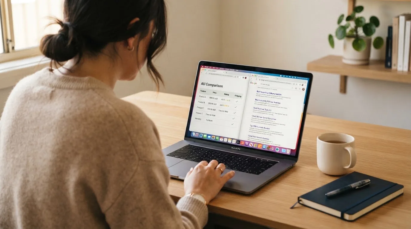 A laptop screen split between two browser tabs, one showing a comparison table and the other a search results page.