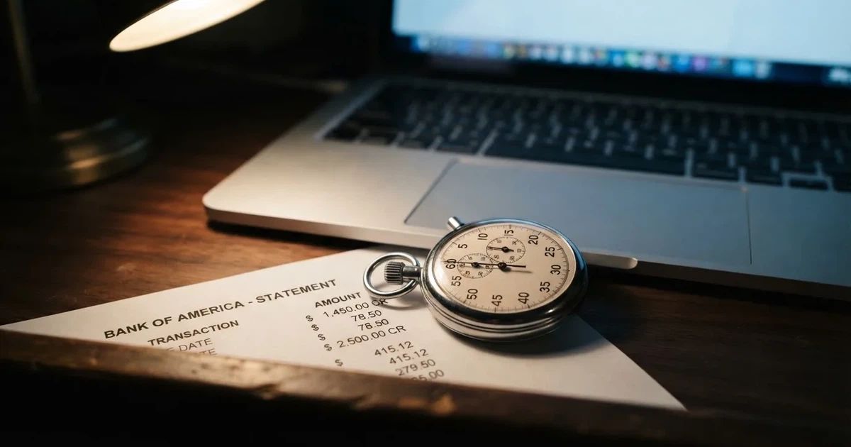 A stopwatch sitting on top of a bank statement next to a laptop keyboard.