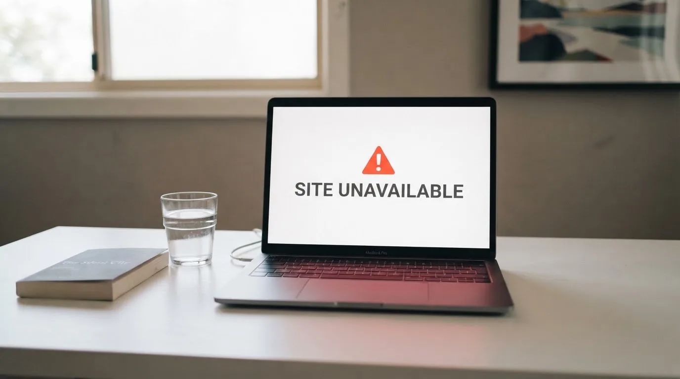 A printed government warning notice on a desk beside a laptop with a red alert icon on the screen.