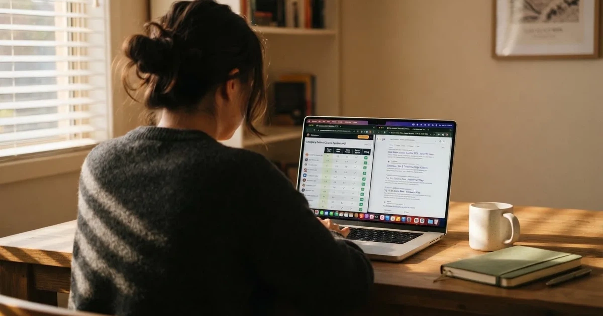 A laptop screen split between two browser tabs, one showing a comparison table and the other a search results page.
