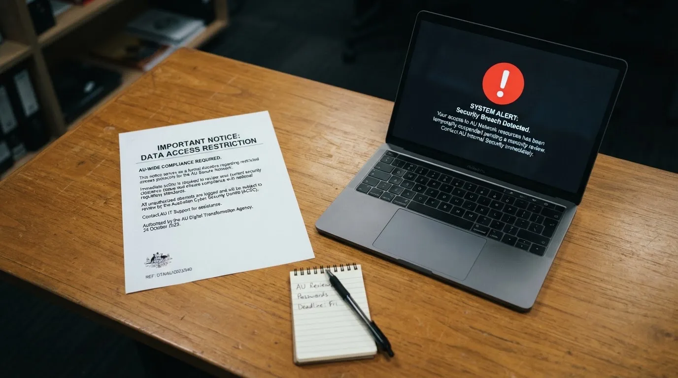 A printed government warning notice on a desk beside a laptop with a red alert icon on the screen.