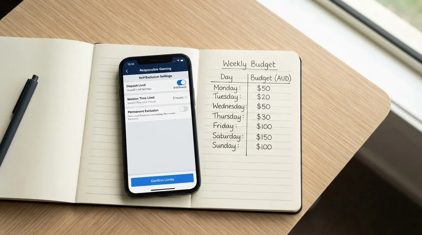A phone showing a self-exclusion settings screen next to a notepad with a weekly budget written on it.