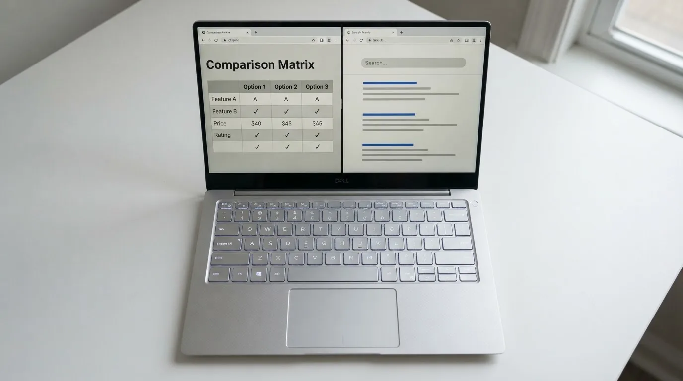 A laptop screen split between two browser tabs, one showing a comparison table and the other a search results page.