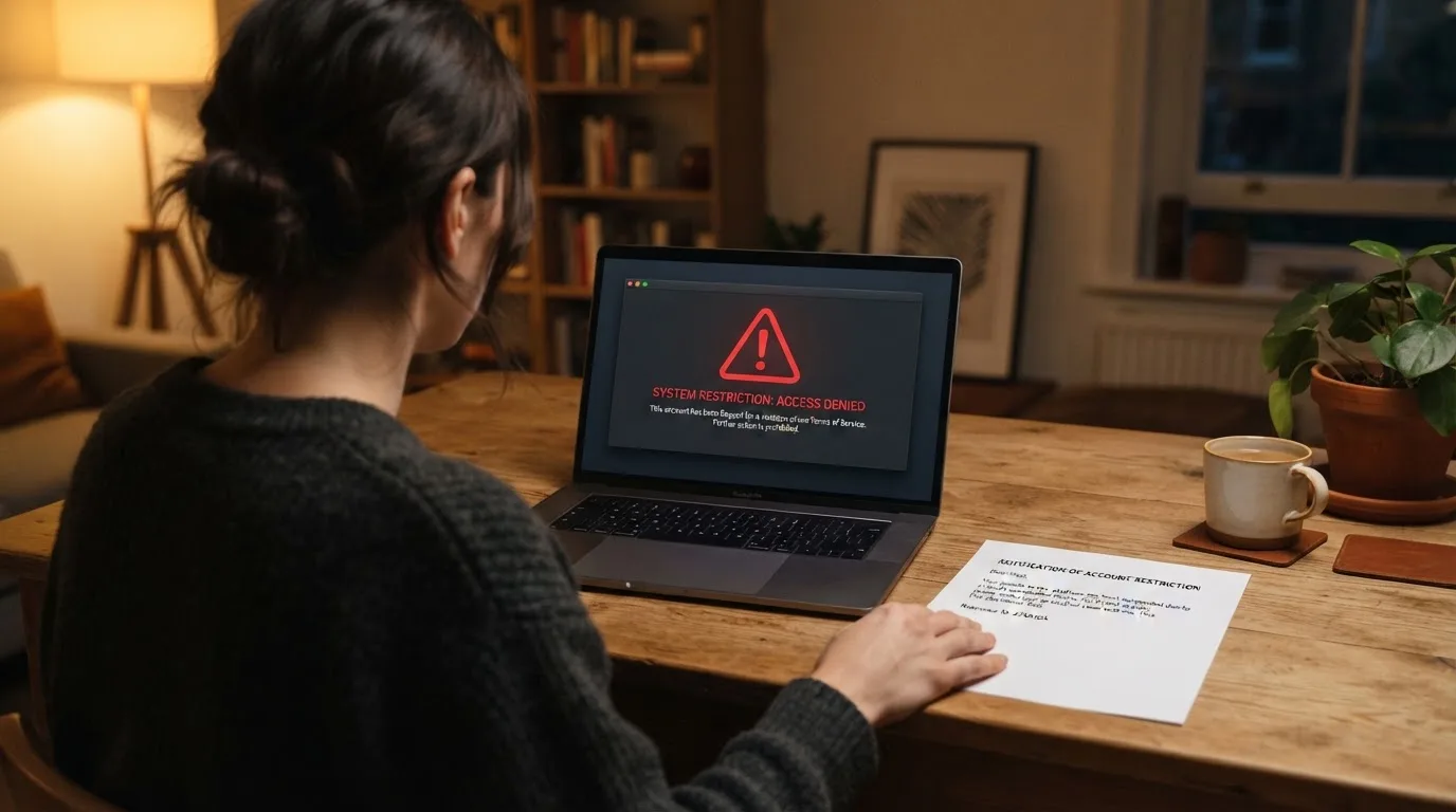 A printed government warning notice on a desk beside a laptop with a red alert icon on the screen.