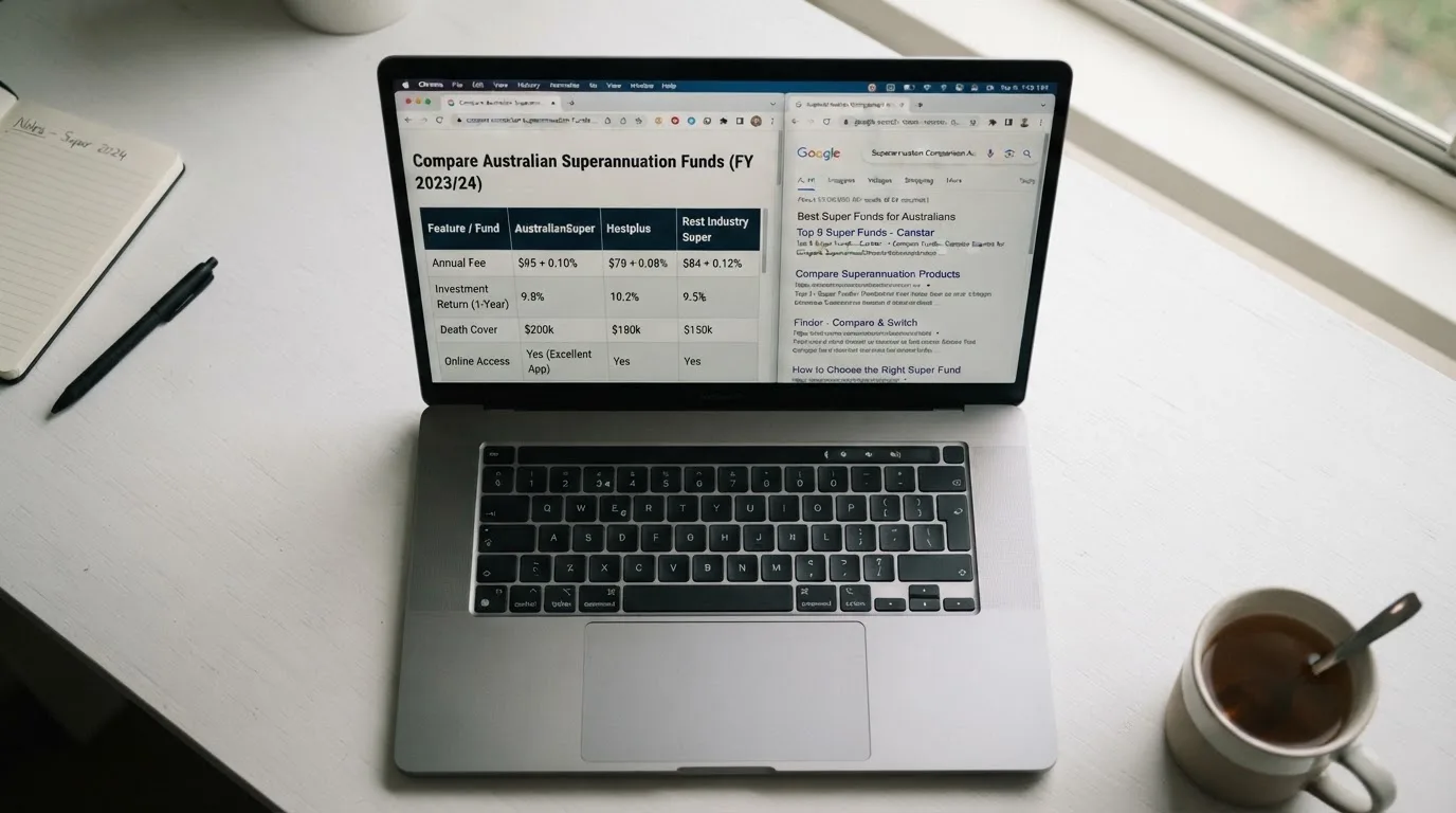 A laptop screen split between two browser tabs, one showing a comparison table and the other a search results page.