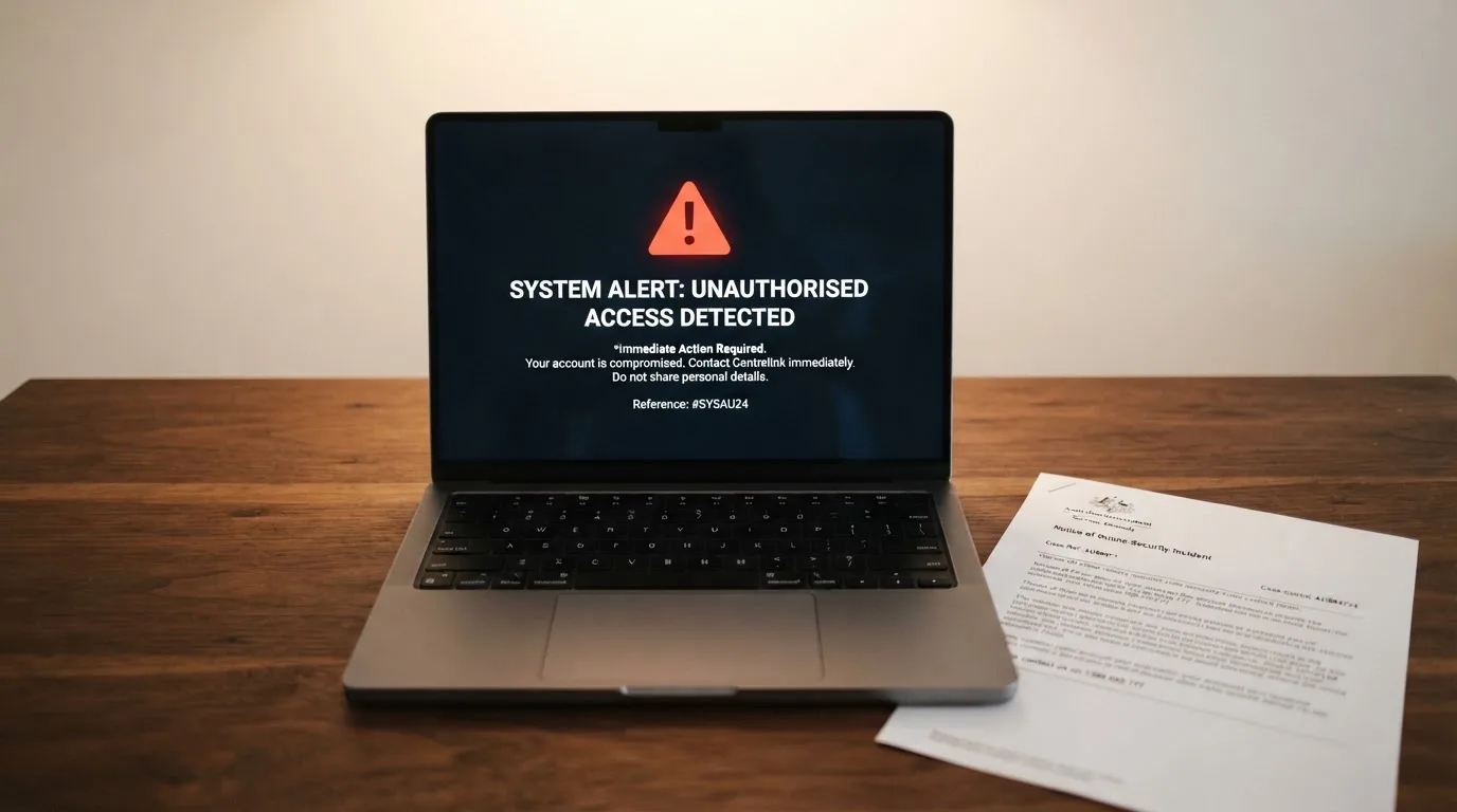A printed government warning notice on a desk beside a laptop with a red alert icon on the screen.
