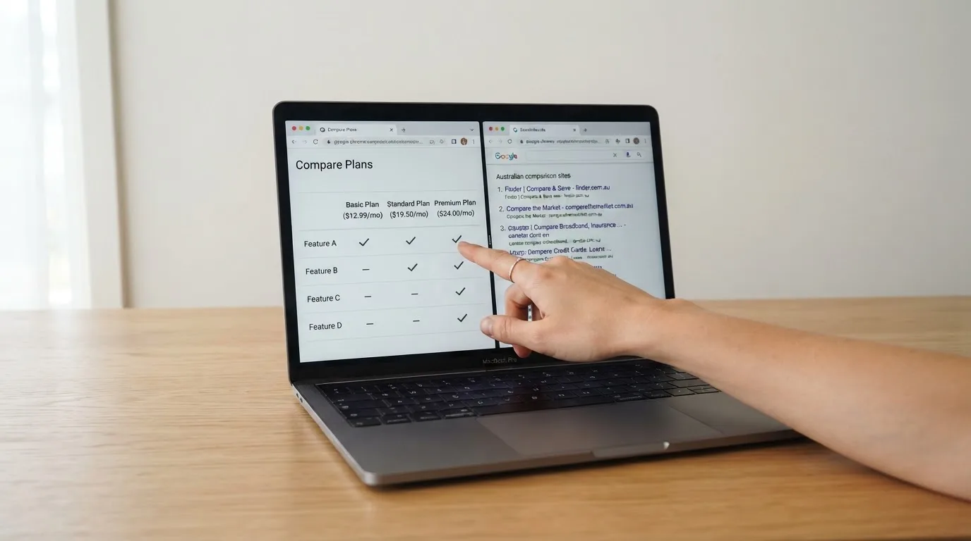 A laptop screen split between two browser tabs, one showing a comparison table and the other a search results page.