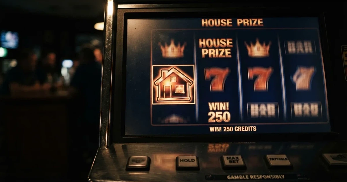 A close-up of a slot reel icon with a house-shaped motif on a screen.
