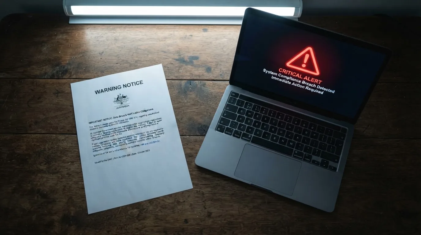 A printed government warning notice on a desk beside a laptop with a red alert icon on the screen.