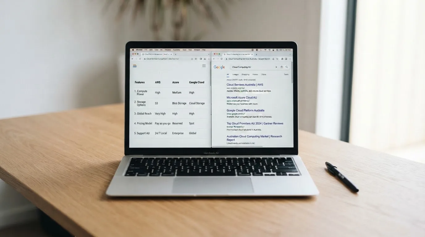 A laptop screen split between two browser tabs, one showing a comparison table and the other a search results page.