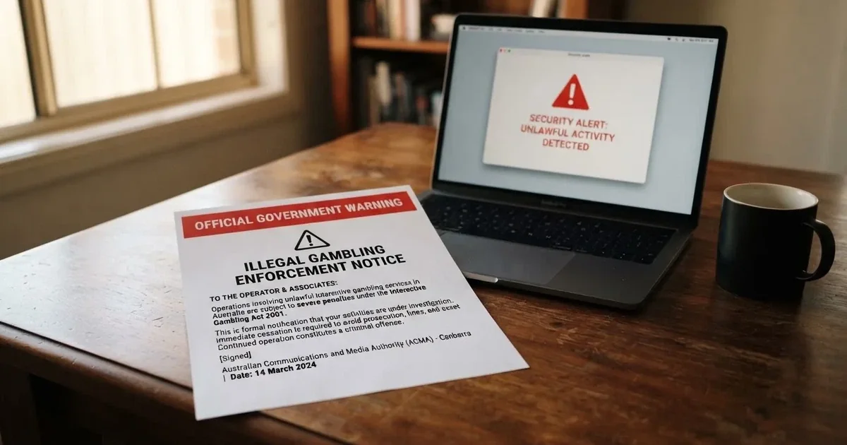 A printed government warning notice on a desk beside a laptop with a red alert icon on the screen.