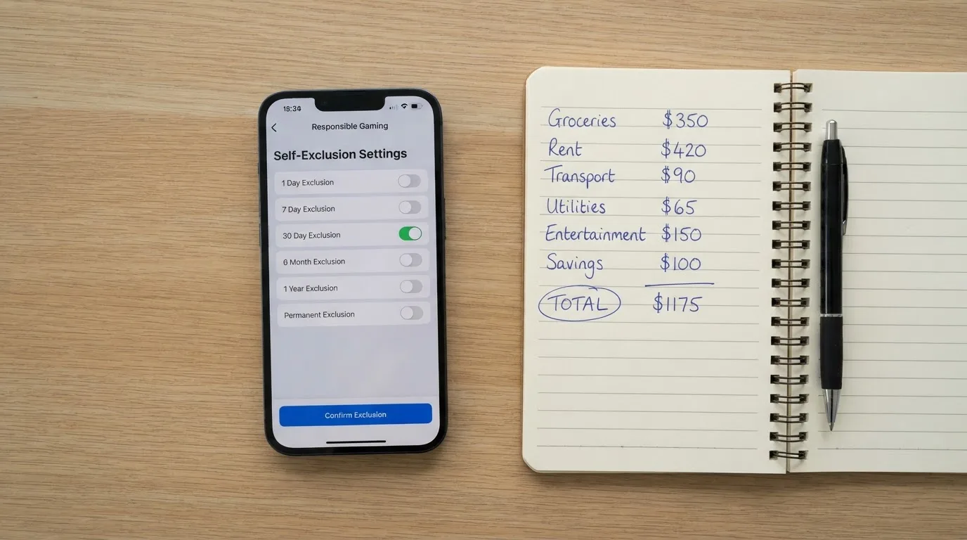 A phone showing a self-exclusion settings screen next to a notepad with a weekly budget written on it.