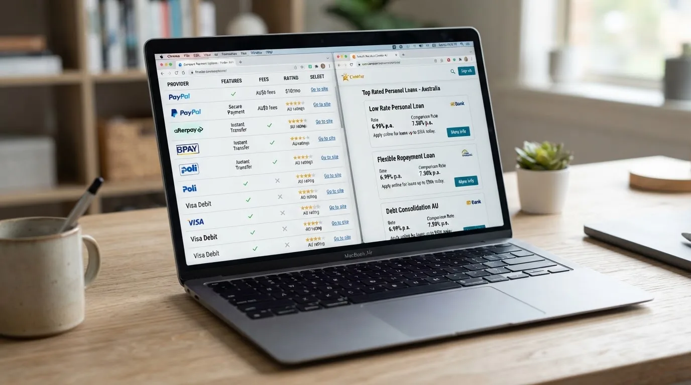 A laptop screen split between two browser tabs, one showing a comparison table and the other a search results page.