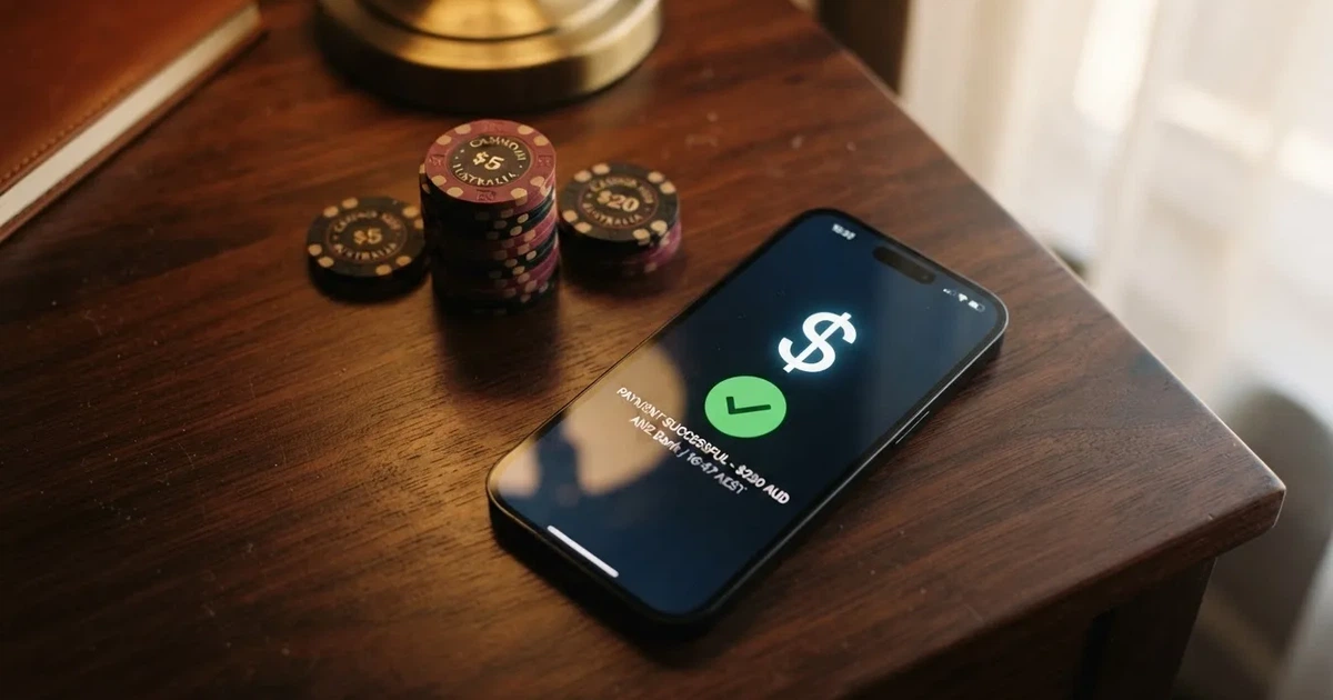 A phone displaying a bank transfer confirmation screen next to a stack of Australian dollar notes.