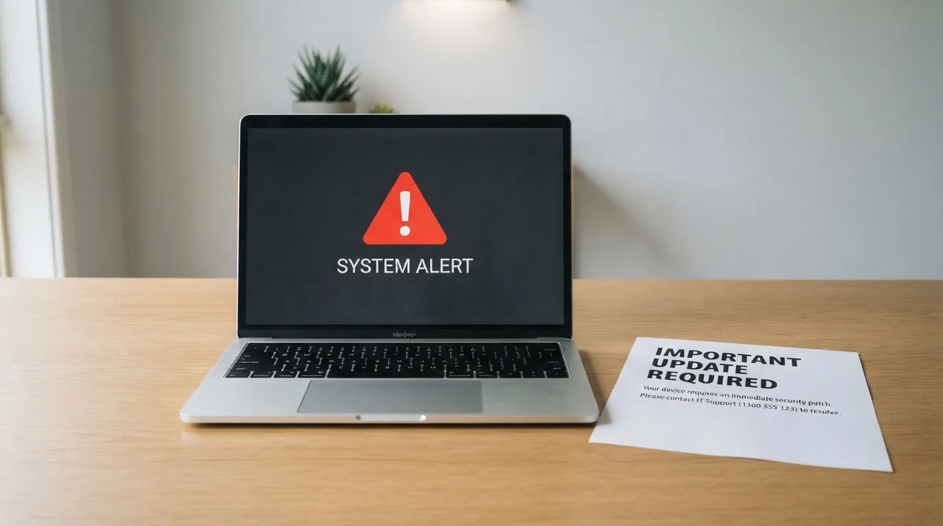 A printed government warning notice on a desk beside a laptop with a red alert icon on the screen.