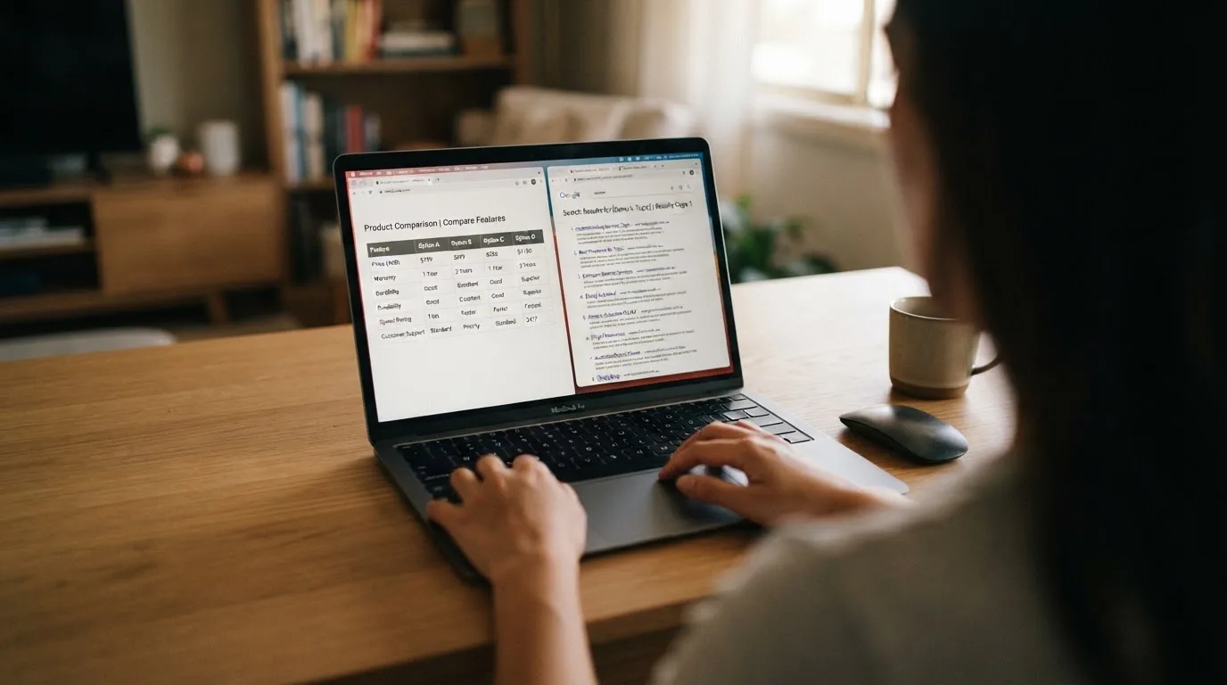 A laptop screen split between two browser tabs, one showing a comparison table and the other a search results page.
