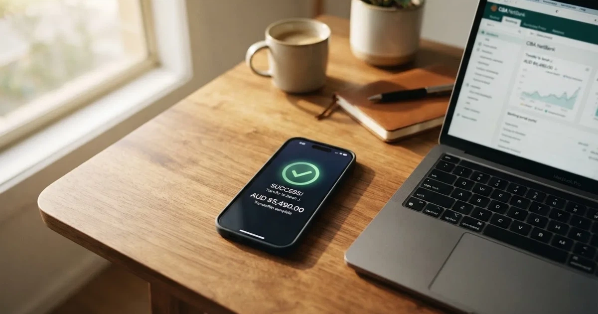 A phone showing a PayID-style bank transfer confirmation next to a laptop.