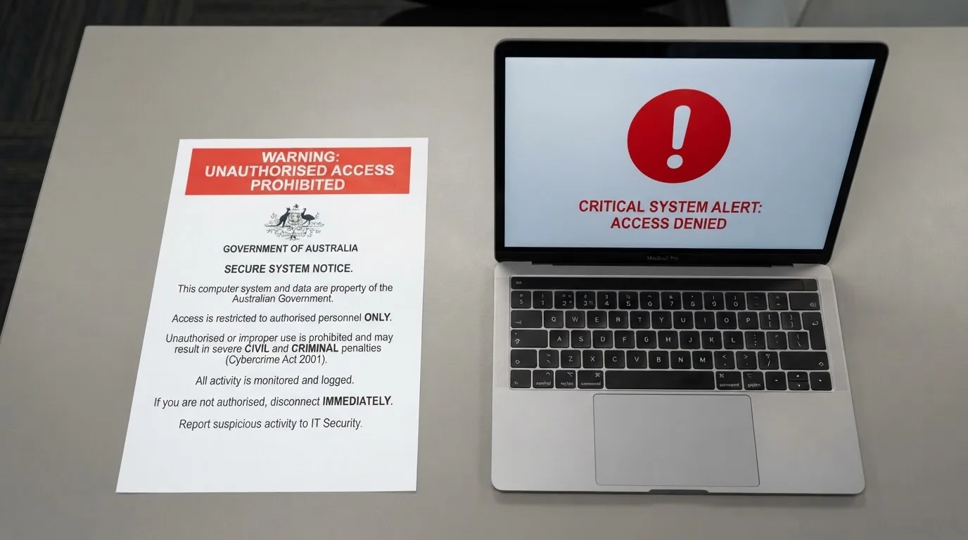 A printed government warning notice on a desk beside a laptop with a red alert icon on the screen.