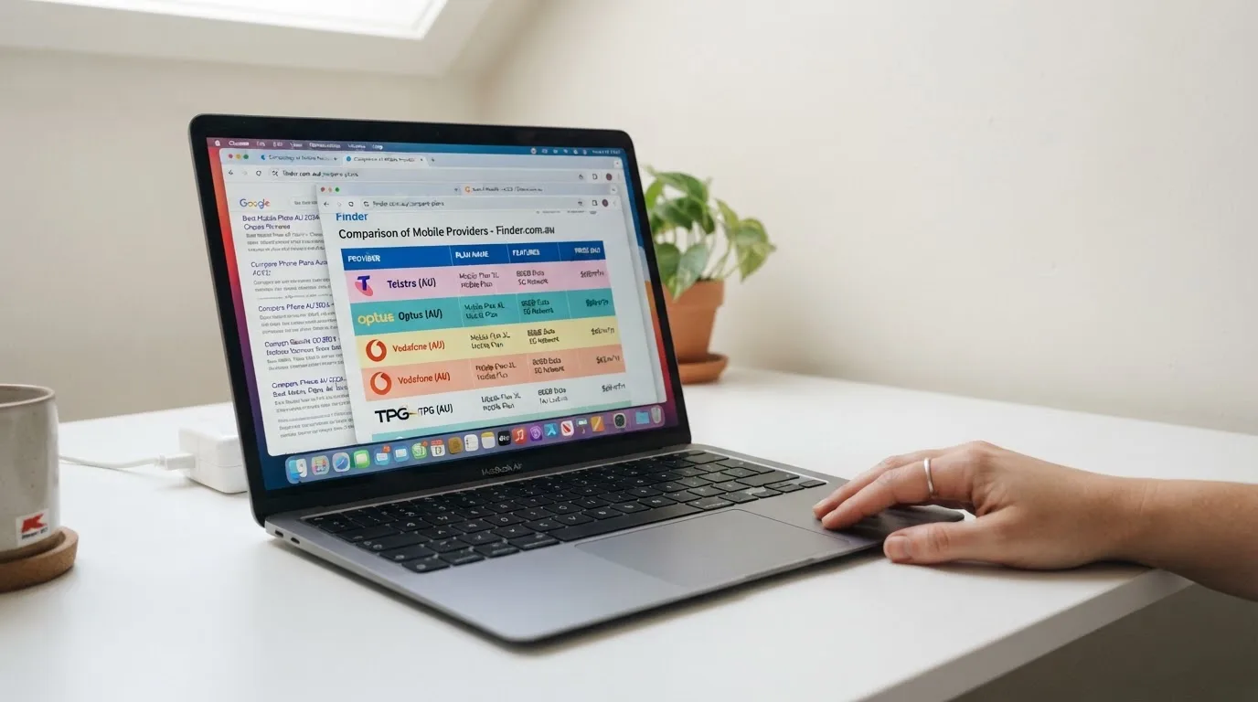 A laptop screen split between two browser tabs, one showing a comparison table and the other a search results page.