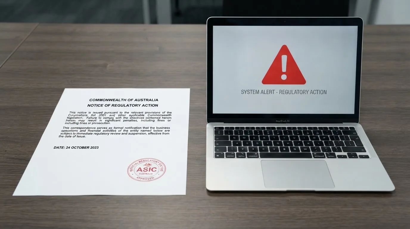 A printed government warning notice on a desk beside a laptop with a red alert icon on the screen.