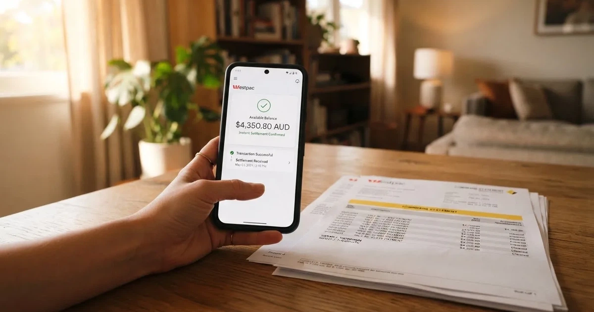 A hand holding a phone showing a cleared balance next to a stack of printed bank statements.