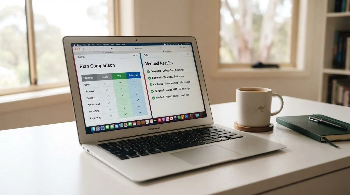 A laptop screen split between two browser tabs, one showing a comparison table and the other a search results page.