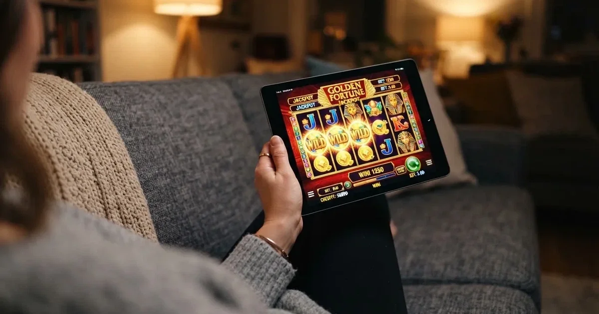 A hand holding a tablet with a touchscreen keypad displayed, resting on a couch armrest.