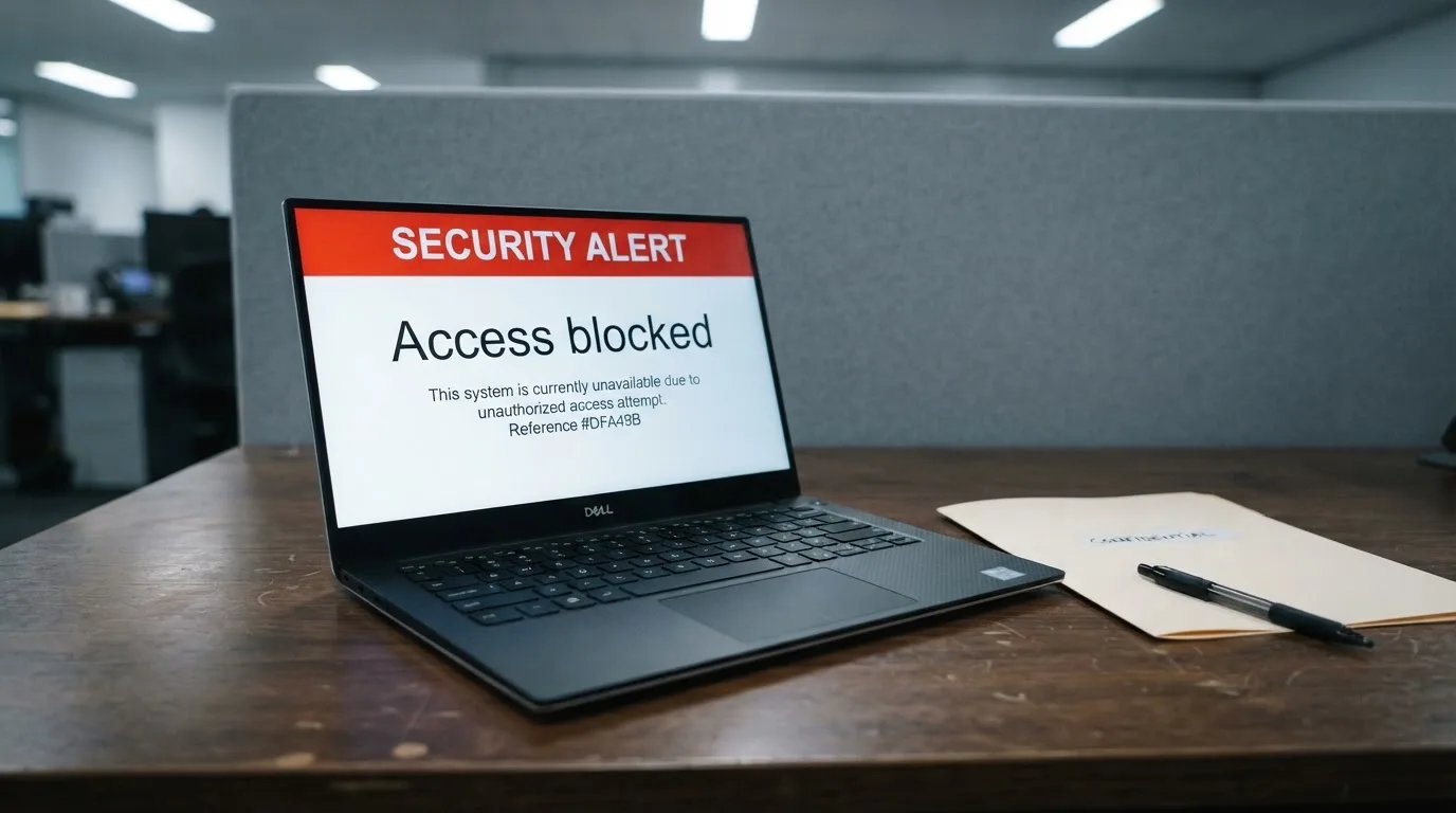 A printed government warning notice on a desk beside a laptop with a red alert icon on the screen.