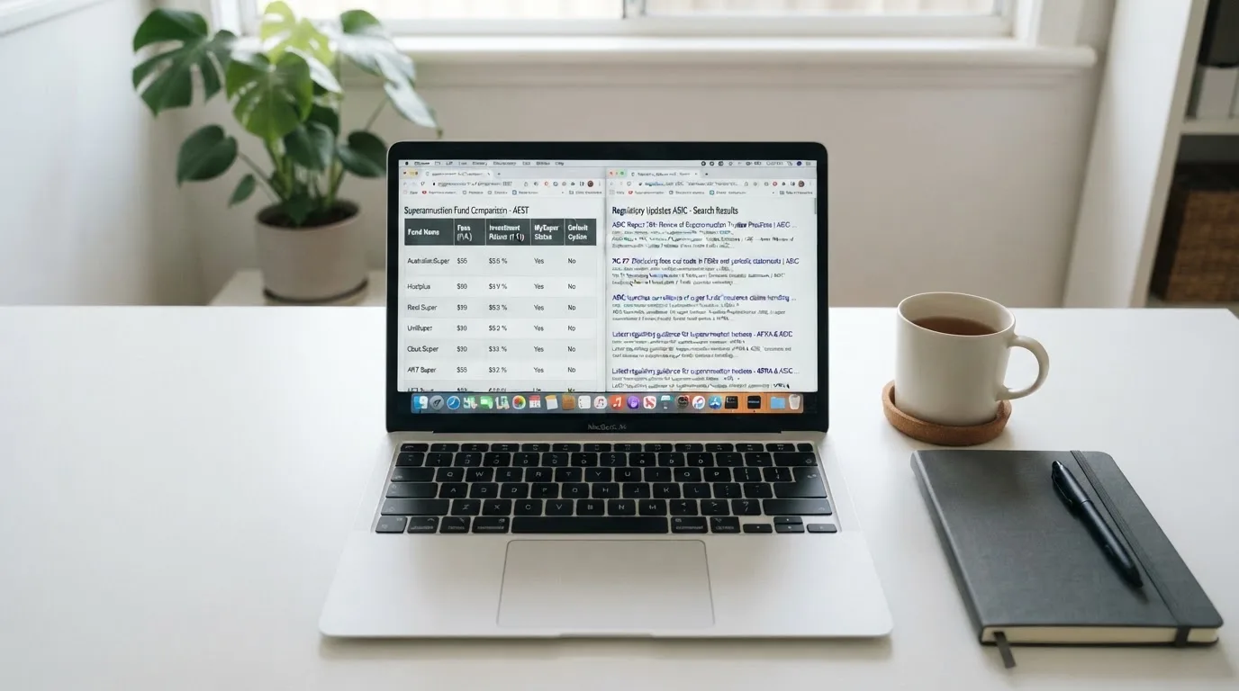 A laptop screen split between two browser tabs, one showing a comparison table and the other a search results page.