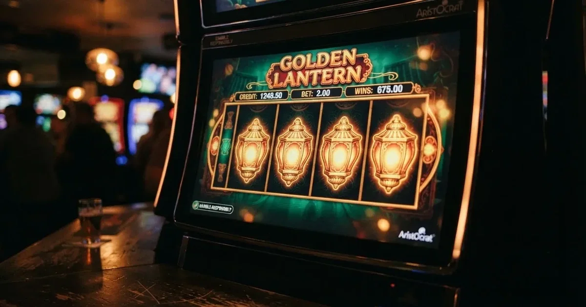 A close-up of a slot reel icon showing a stylised lantern motif on a cabinet screen.