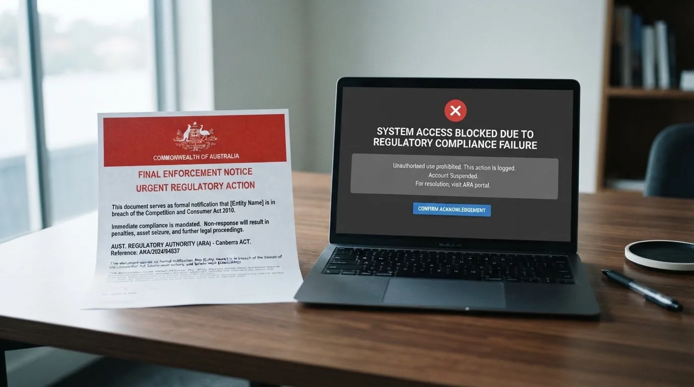 A printed government warning notice on a desk beside a laptop with a red alert icon on the screen.