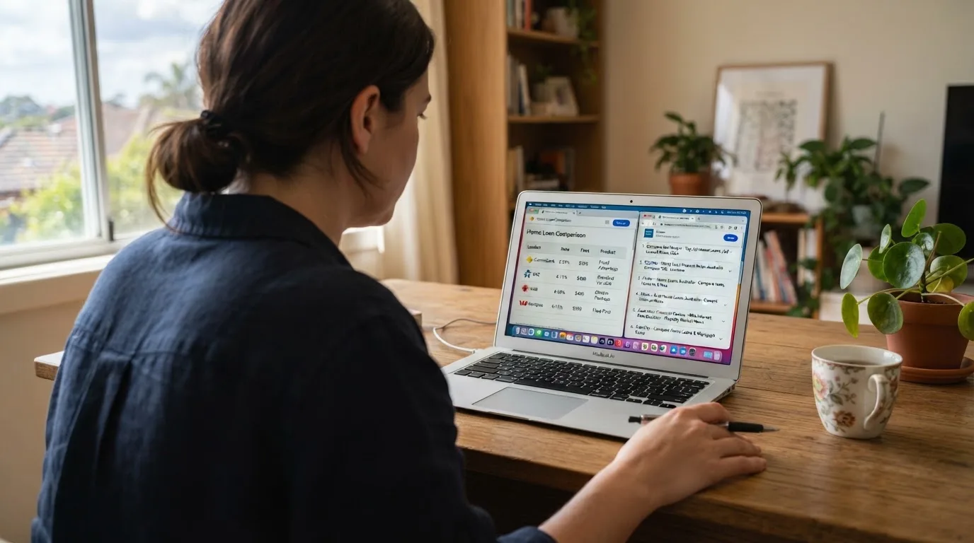 A laptop screen split between two browser tabs, one showing a comparison table and the other a search results page.