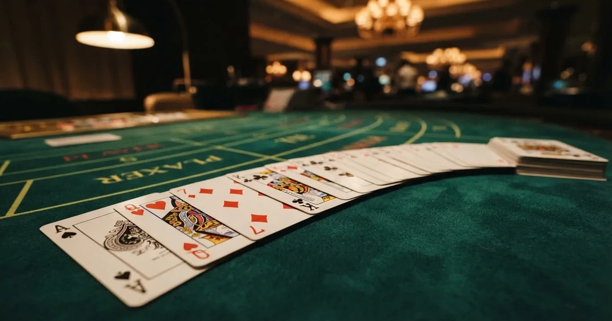 A close-up of a shuffled deck of playing cards fanned out on a green felt table.